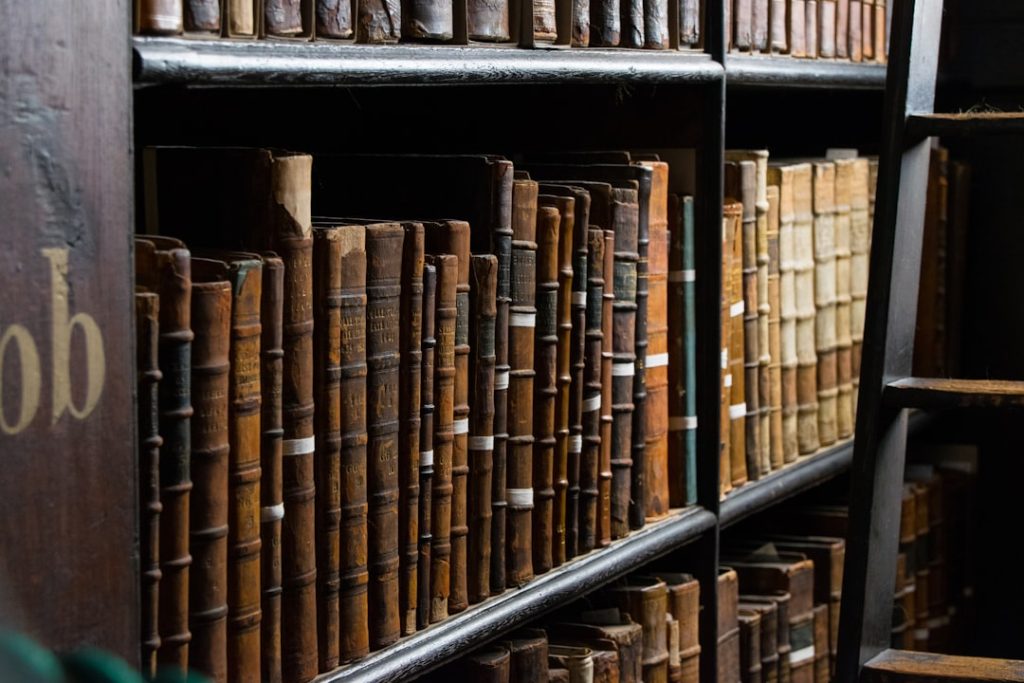 Bookshelf of old law books, symbolizing archived historical records